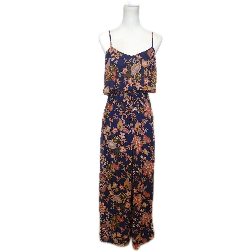 Motherhood sheer, lined, spaghetti straps, navy blue & pink floral maxi dress, S